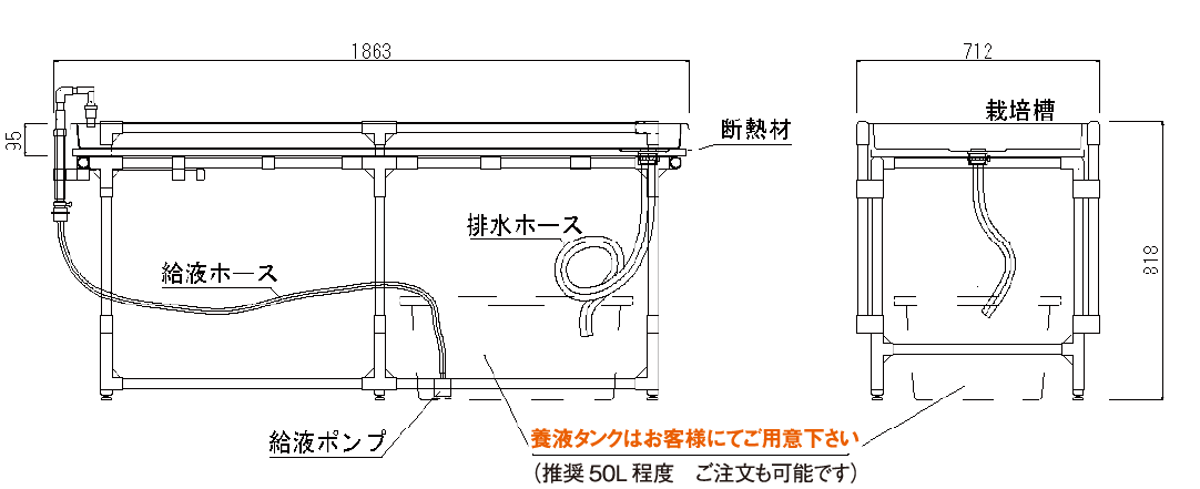 養液タンクはお客様にてご用意下さい。推奨50L程度 ご注文も可能です